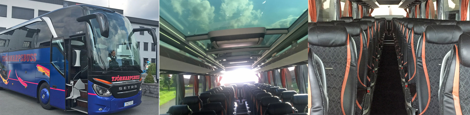 Hyra buss - Tjörnarsbuss moderna helturisbussar exteriört och interiört.